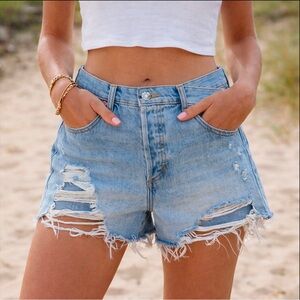 Free People We The Free Distressed High-Waist Crossover Denim Shorts 27